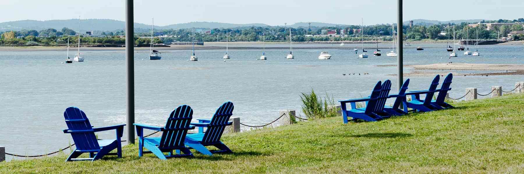 Groups of blue chairs on grass lawn facing towards water.