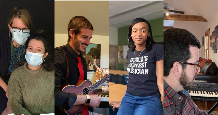 Music education alums Kelly Pry, Andrew Sell, Sasha White, and Ray Fallon