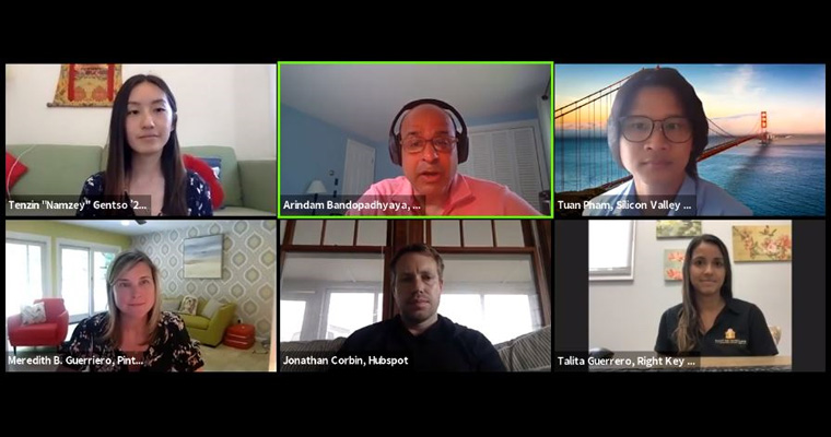 Four alumni and one student from the College of Management chat with Dean Bandopadhyaya during a webinar panel