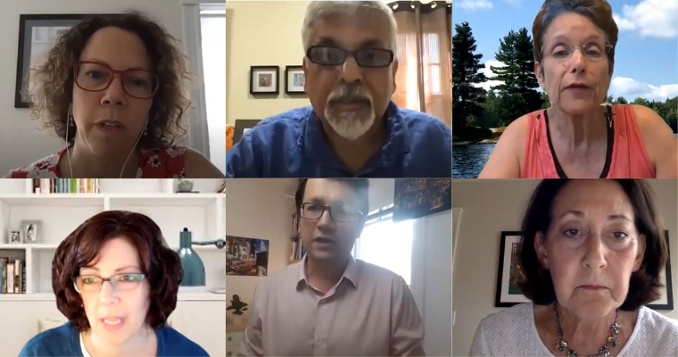 This graphic shows six faculty members in a webinar during an August 11 Teach Fall 2020 informational session.