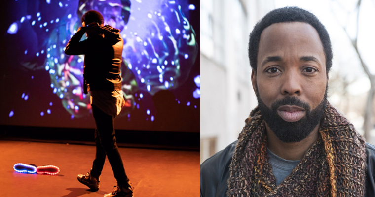 Left: Keith Mascoll on stage against a colorful background at his one-man show