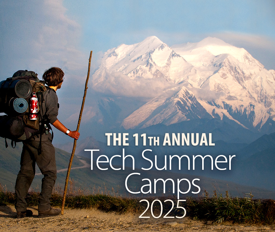 A mountain climber overlooking a vast mountainous landscape in the distance with Tech Summer Camps 2025 title